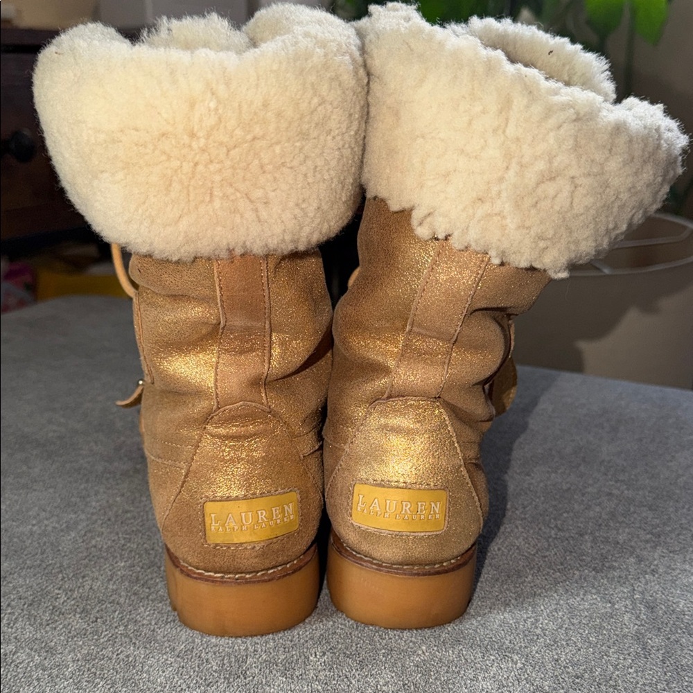 Lauren Ralph Lauren Metallic Tan Lace-Up Shearling Boots - Picture 3 of 7